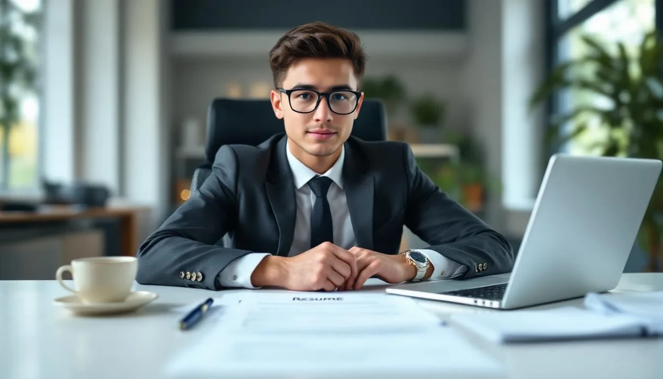 A person is sitting at a desk, reviewing their resume and notes in preparation for an upcoming interview, focusing on leveraging transferable skills as they navigate a career transition into a new industry. The scene emphasizes their commitment to personal and professional growth as they strategize their new career path.